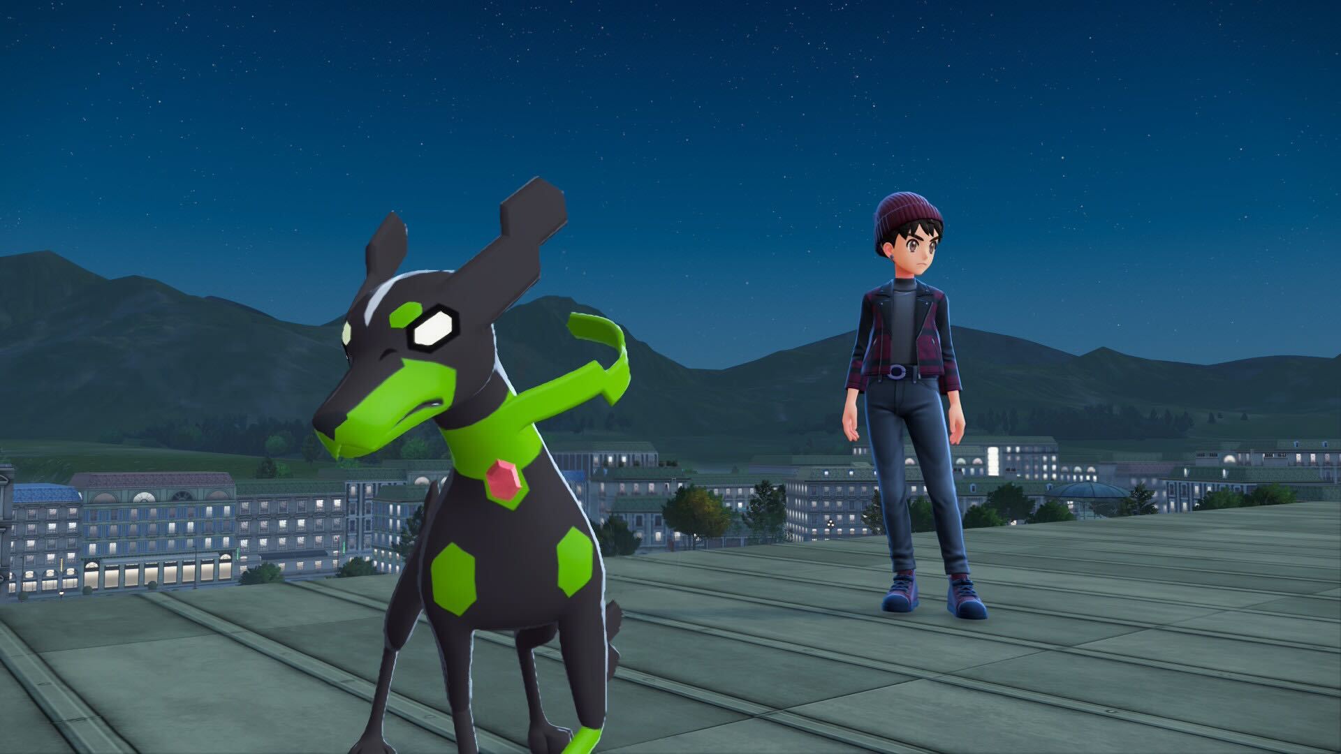 Shep and Zygarde in its dog form stand on top of a roof in Lumiose City.
