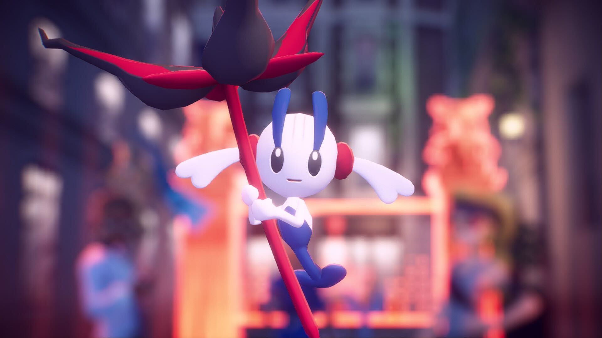 Floette holds onto her flower as she looks at the camera.