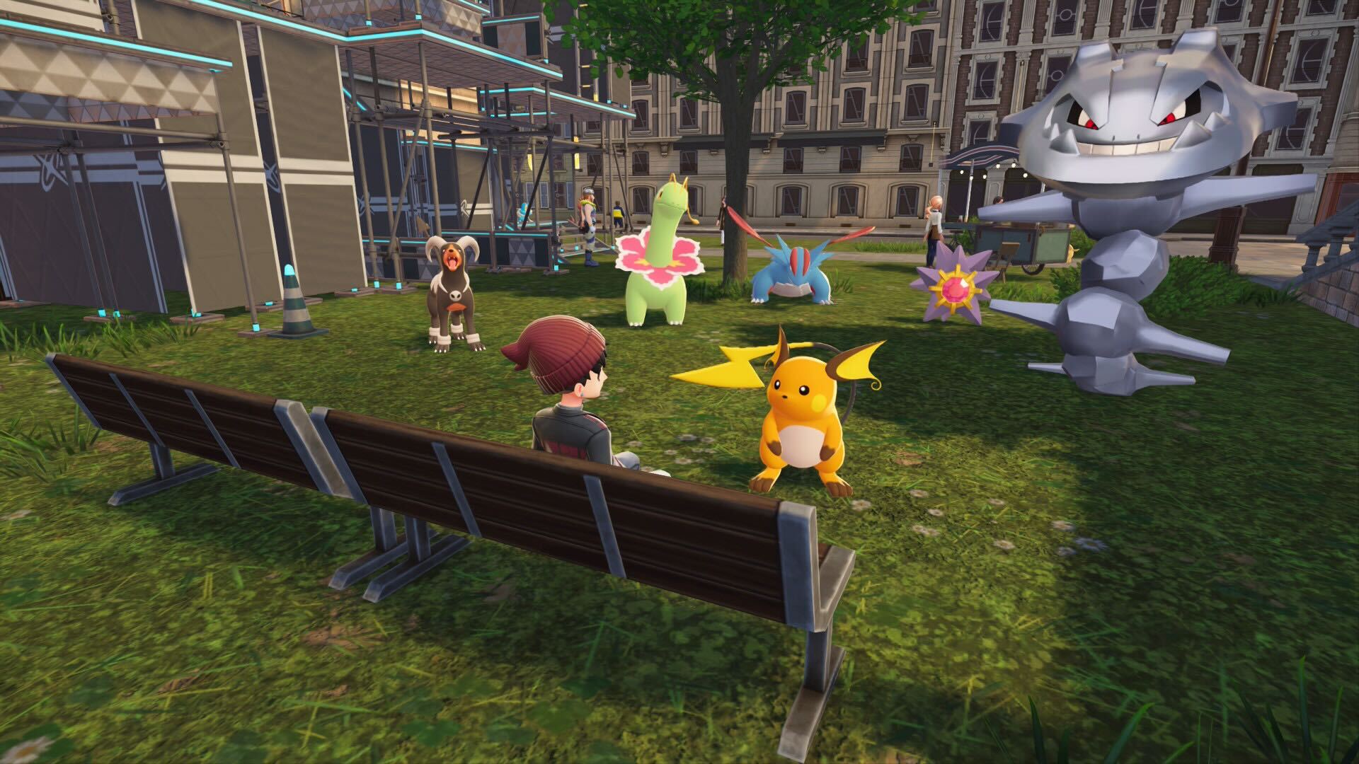 Shep sits on a bench in front of Houndoom, Meganium, Raichu, Starmie, Salamence, and Steelix.