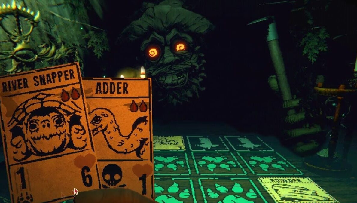 Someone holds up cards in a battle with a pirate. 