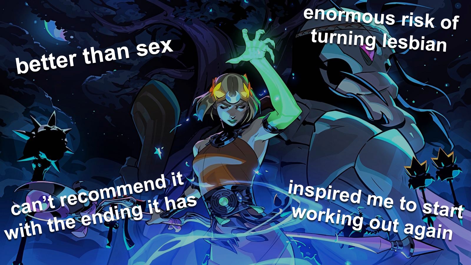 A promotional image for Hades 2 has text over that describes it as better than sex but also critiques the ending.