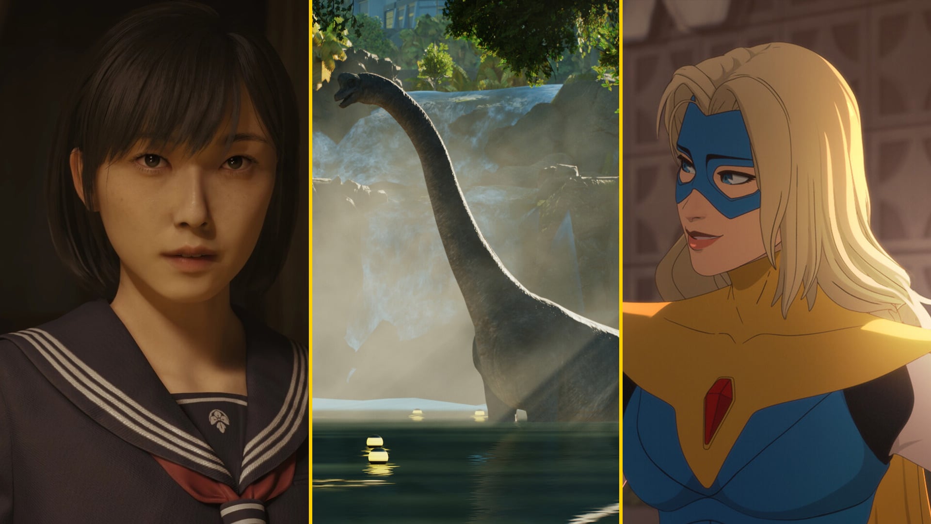 Hinako from Silent Hill f, a dinosaur, and a character from Dispatch are arranged in an image.