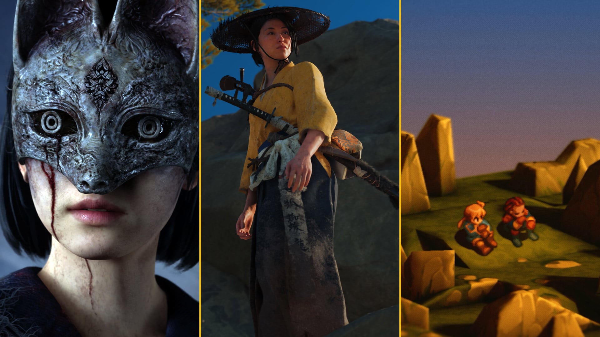 An image shows a woman wearing a fox mask, the protagonist of Ghost of Yotei, and characters from Final Fantasy Tactics.