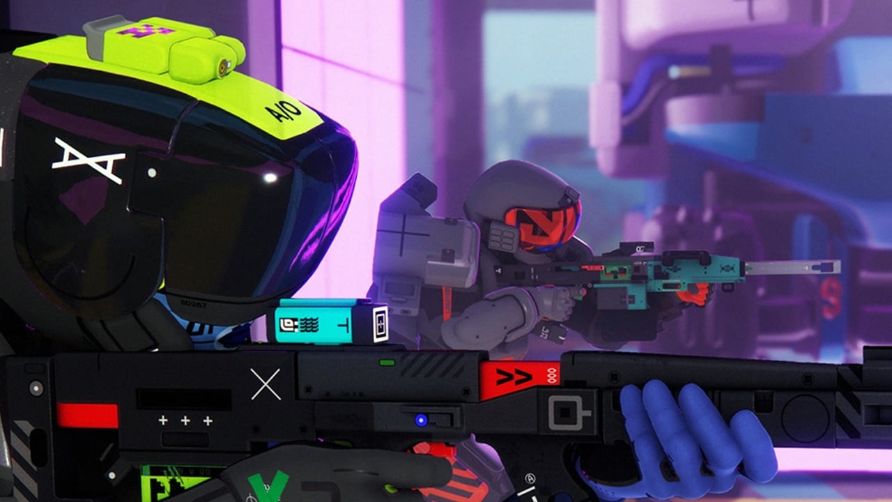 Soldiers hold up weapons.