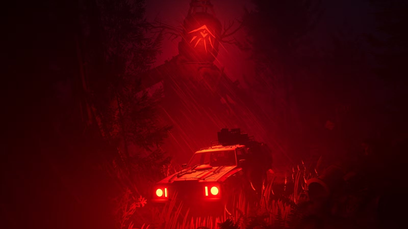 A car appears beneath a spooky red light. 