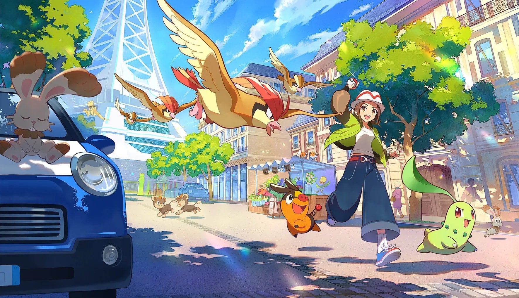 A Pokémon trainer runs through the streets.
