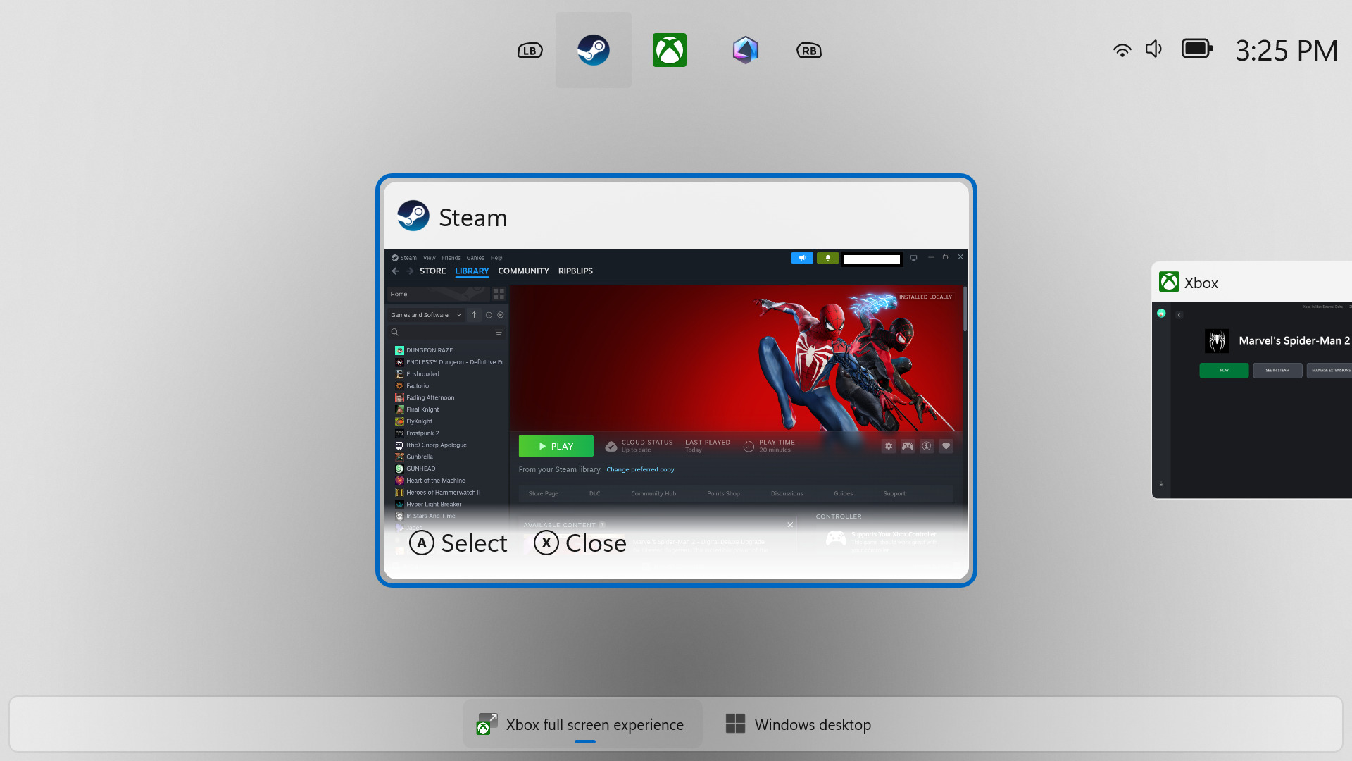 The Xbox Ally X displays a menu screen.