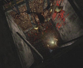 Harry Mason looks at a corpse hanging on a wall.