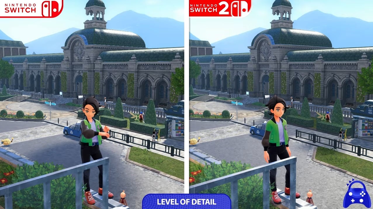 A comparison shows the new Pokemon game running on Switch 1 vs. Switch 2.