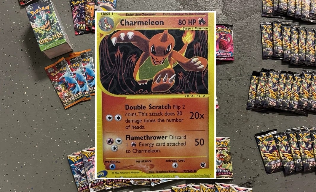 A Charmelon card is displayed on a basement floor.