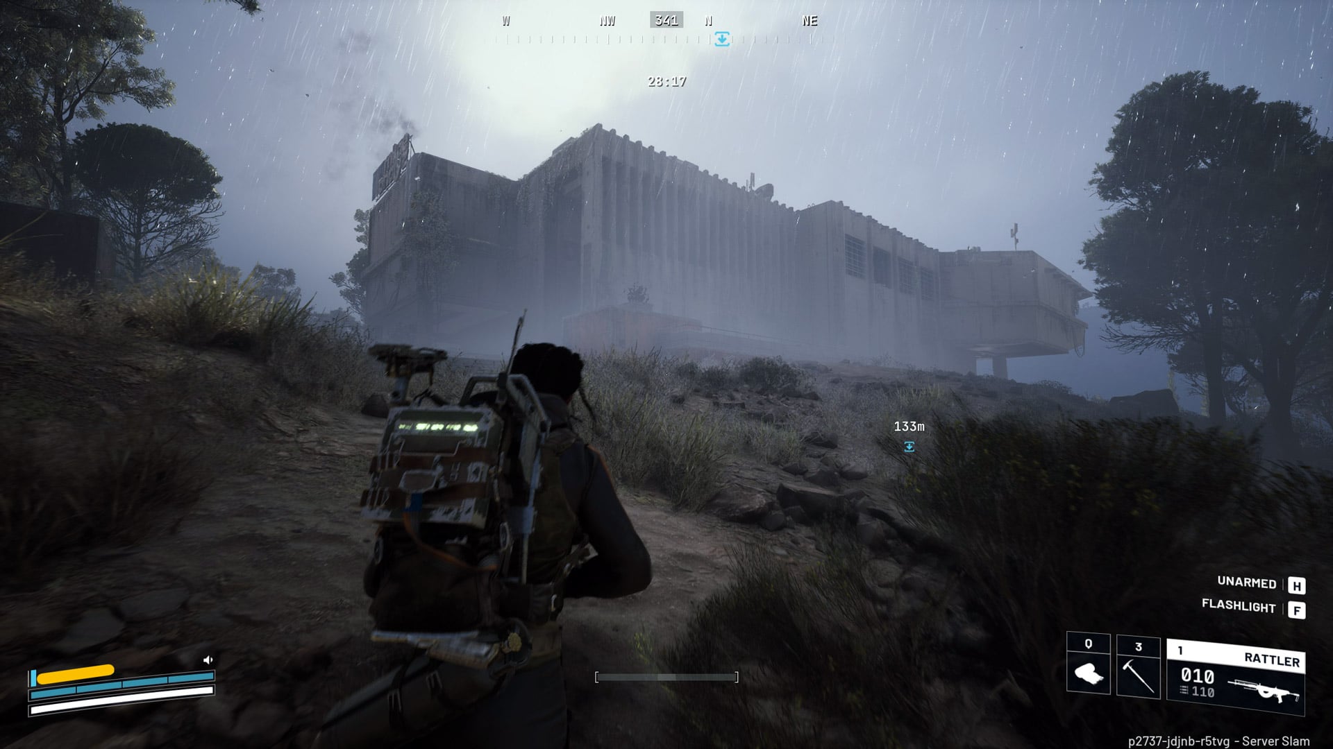 A character runs toward a hopefully abandoned building.