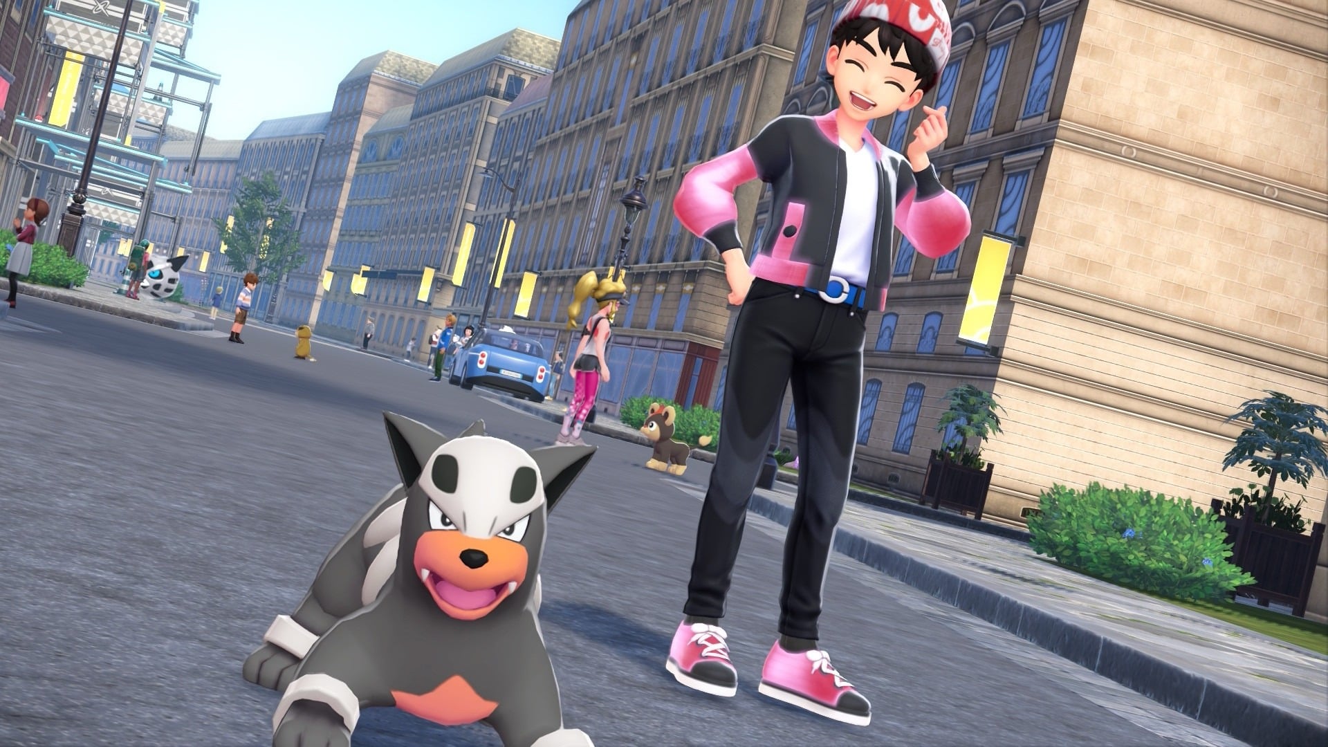 Shep poses with Houndour in Lumiose City