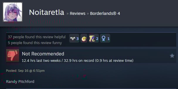 A Steam user review reads: "Randy Pitchford"