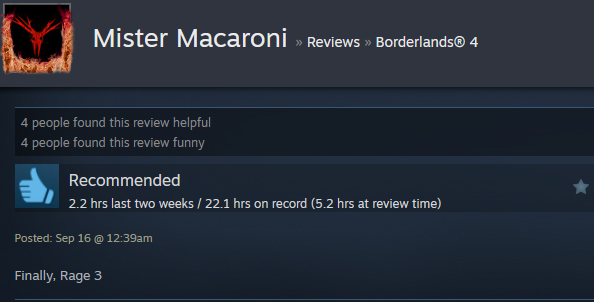 A Steam user review reads:" Finally, Rage 3"