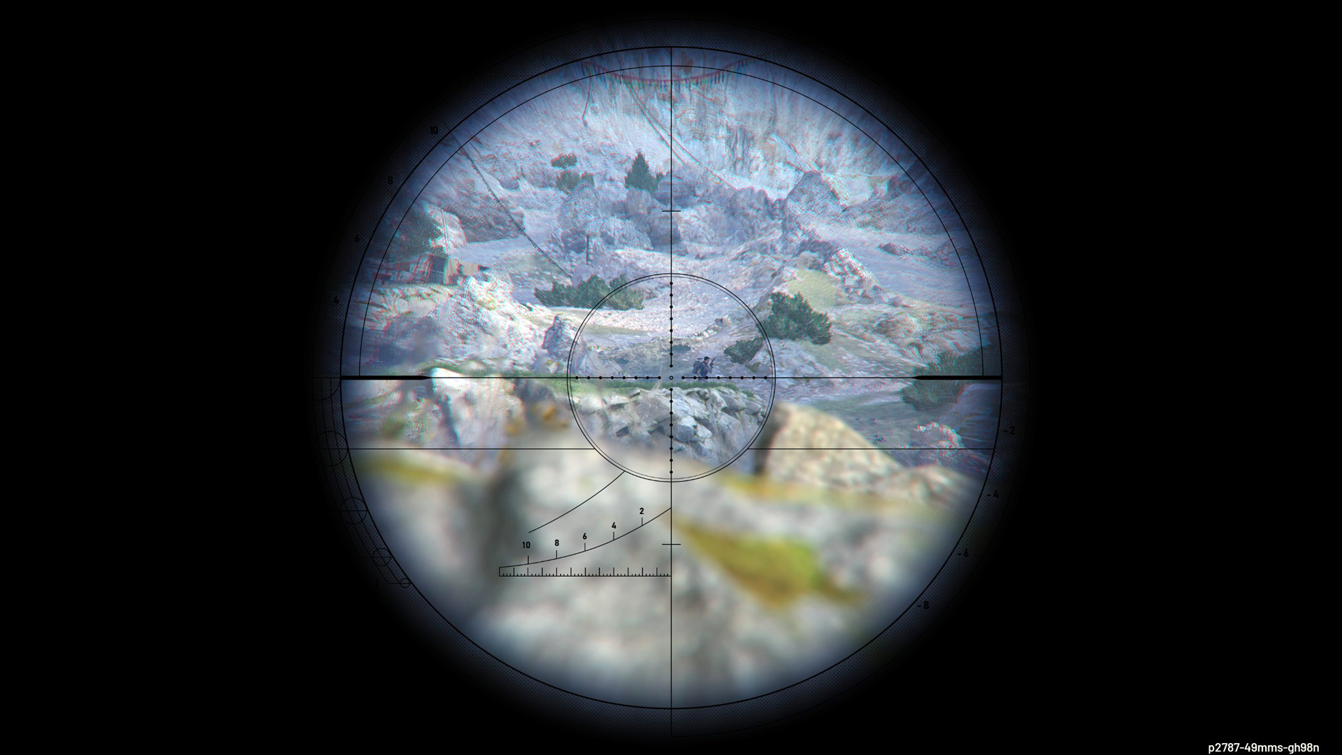 A player looks at another player through a sniper scope.