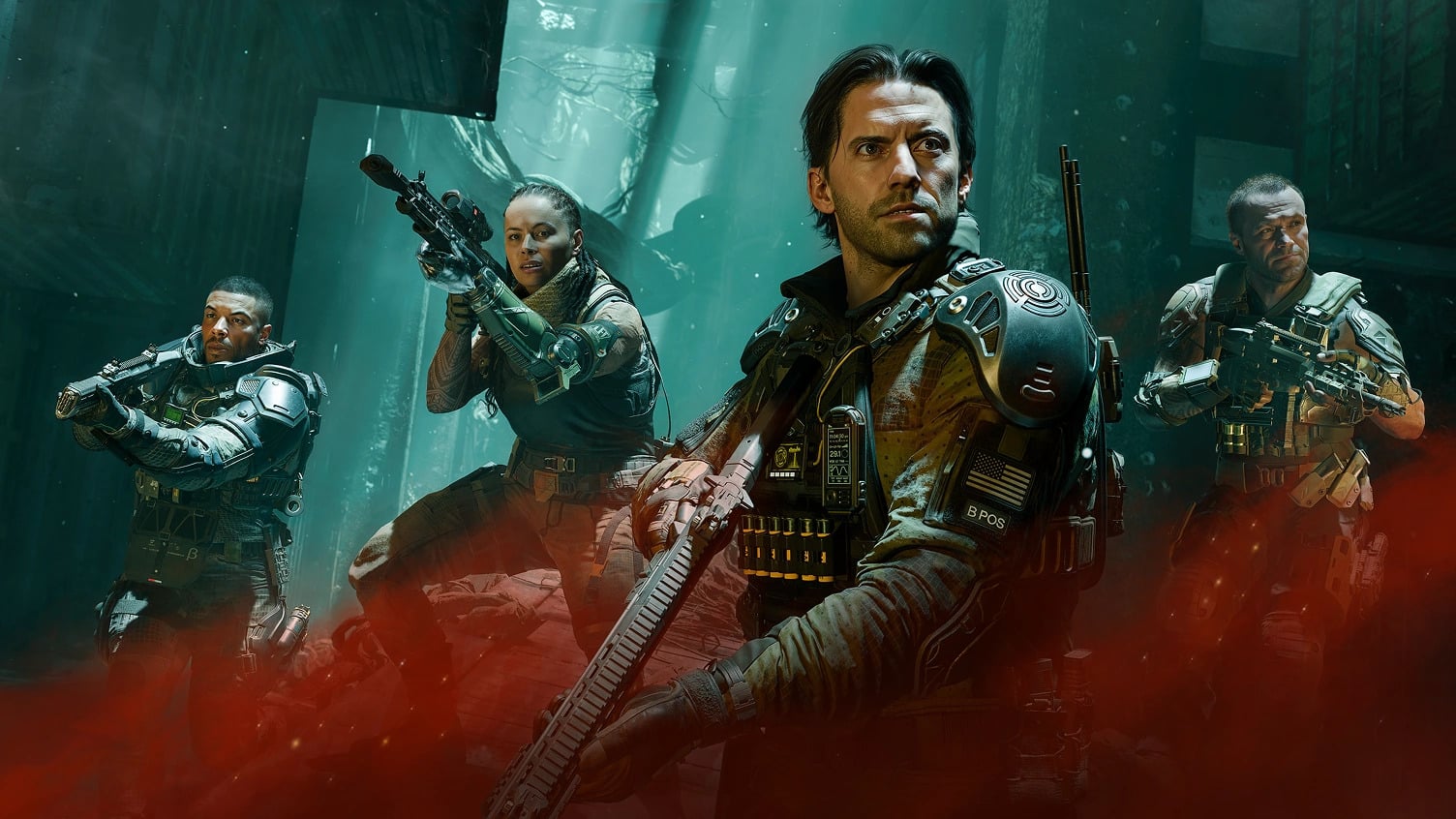 Characters from Black Ops 7 hold guns.