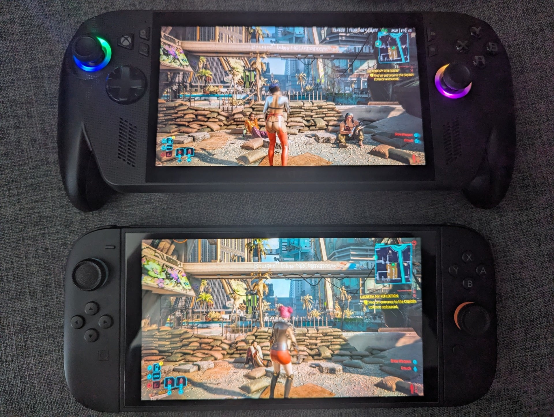 Cyberpunk 2077 appears on a Switch 2 and Xbox Ally X.