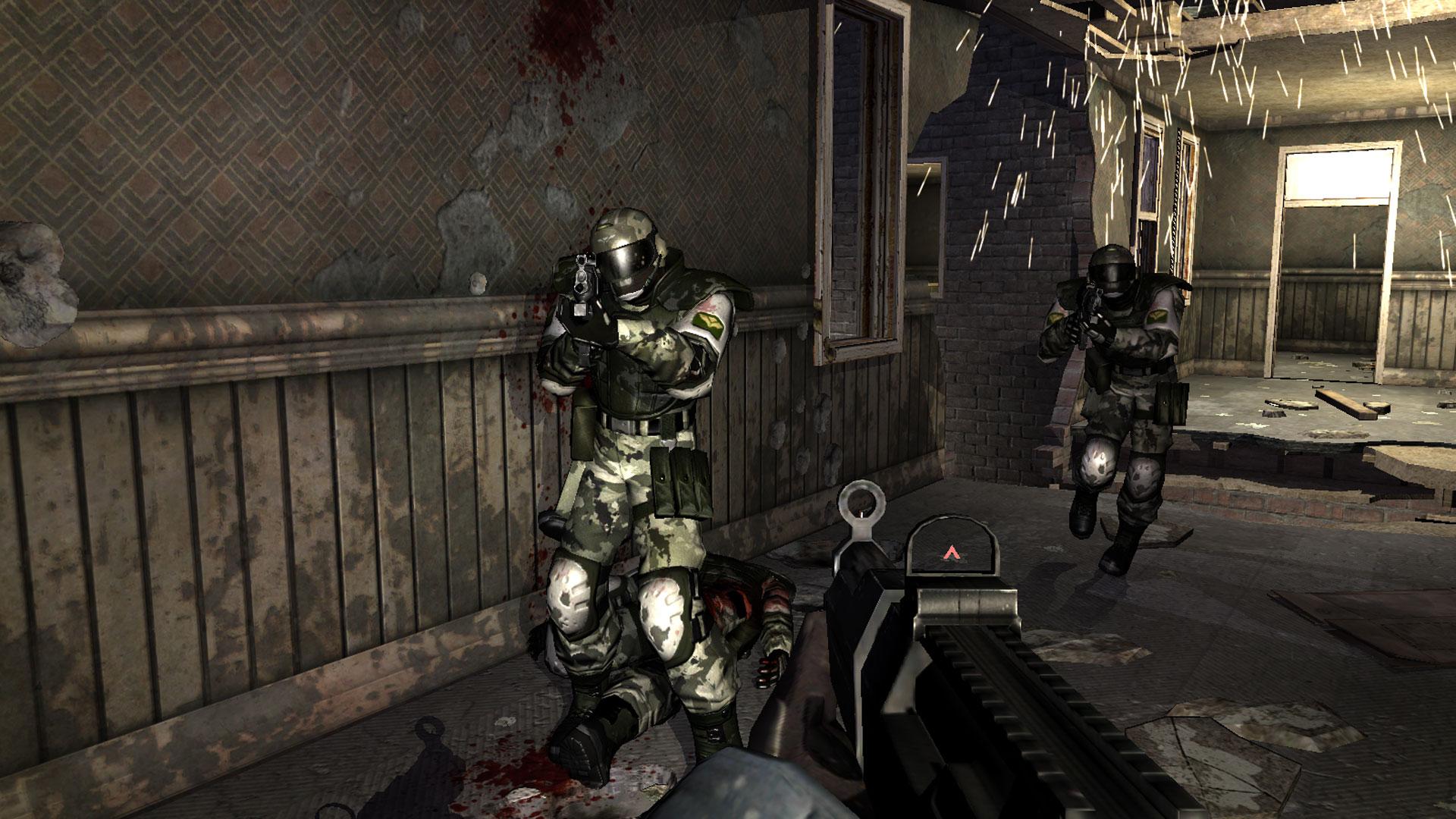 The protagonist points a weapon at soldiers.