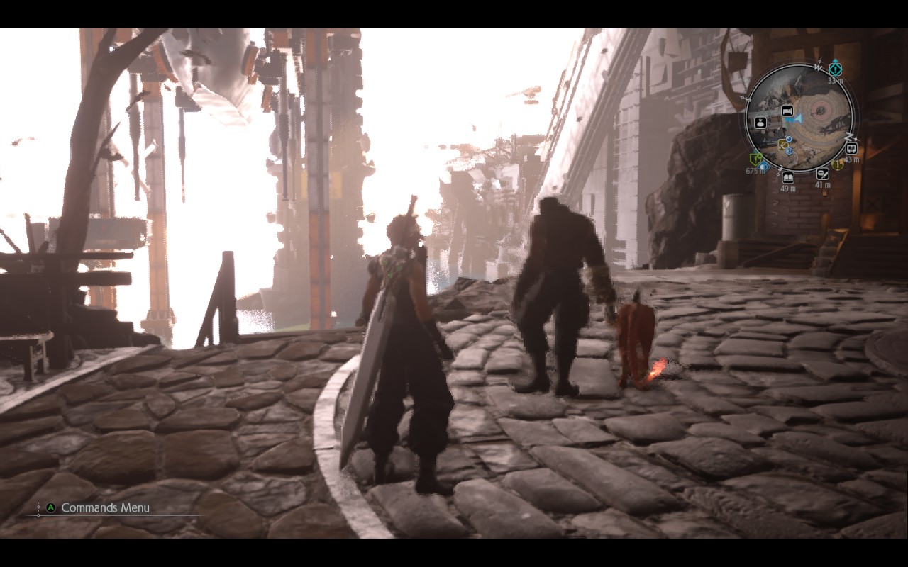 Cloud, Barret, and Red XIII stand in Junon.