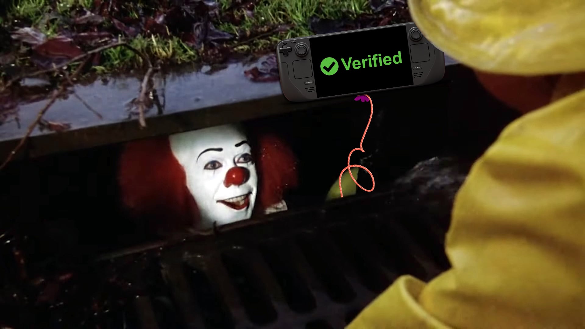Pennywise tempts a child with a floating Steam Deck that says "Verified" on it.