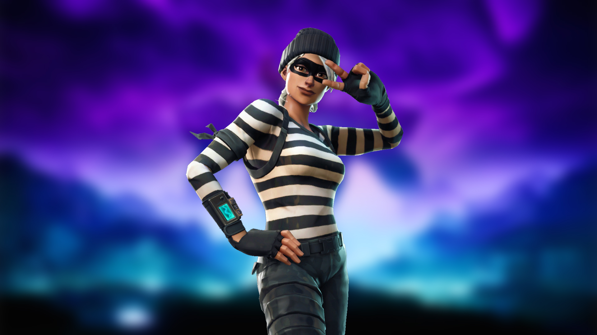 A Fortnite character dressed as a bandit makes a peace sign.