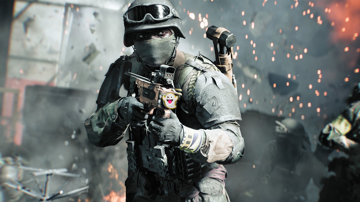 A ghost peaks out of a grenade launcher held by a soldier.