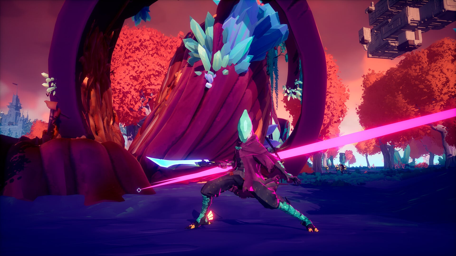 A character in Hyper Light Breaker wields a weapon.