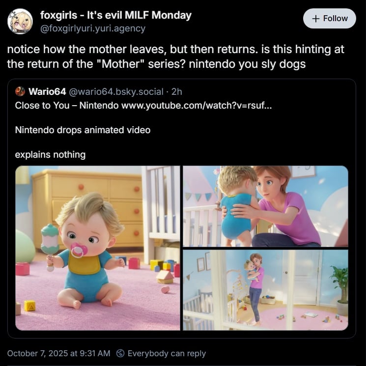 notice how the mother leaves, but then returns. is this hinting at the return of the "Mother" series? nintendo you sly dogs