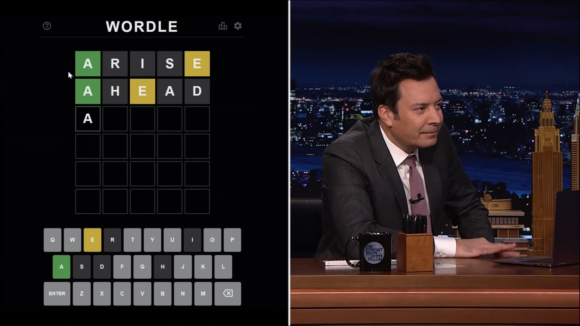 Jimmy Fallon playing Wordle on the Tonight Show.