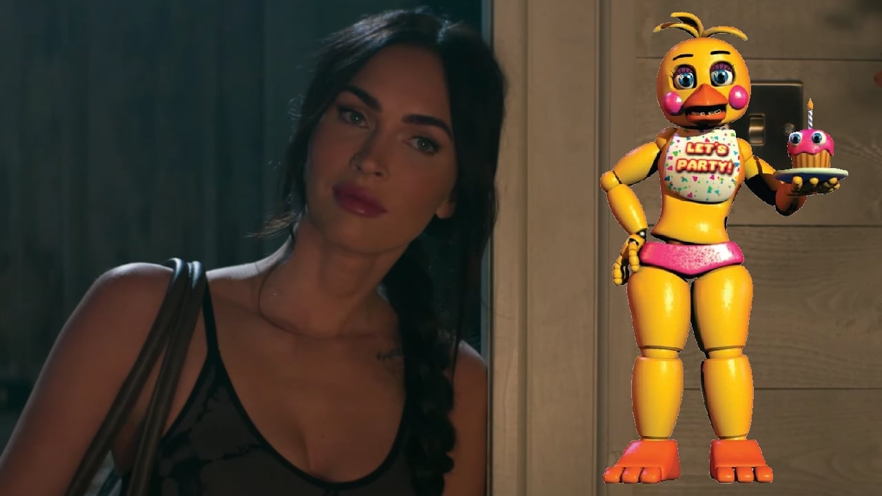 Megan Fox leaning against a doorway with a render of Toy Chica photoshopped next to her