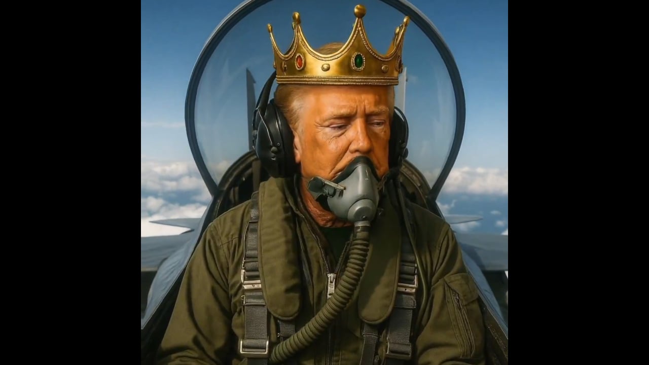 An AI-generated image of Trump wearing a crown in a jet.