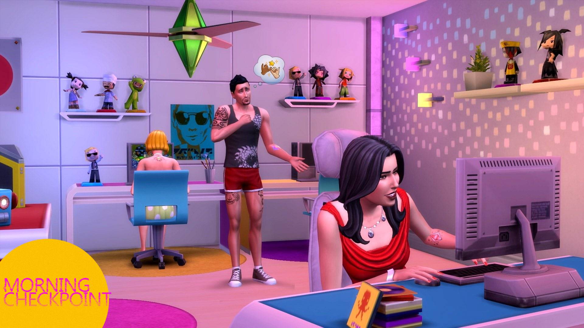 Sims sit in an office.
