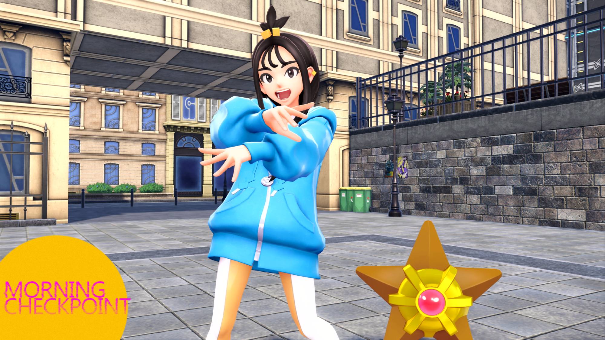 A trainer poses with her Staryu.