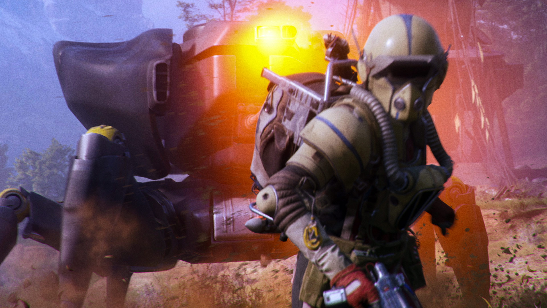 A player runs form a massive robot.