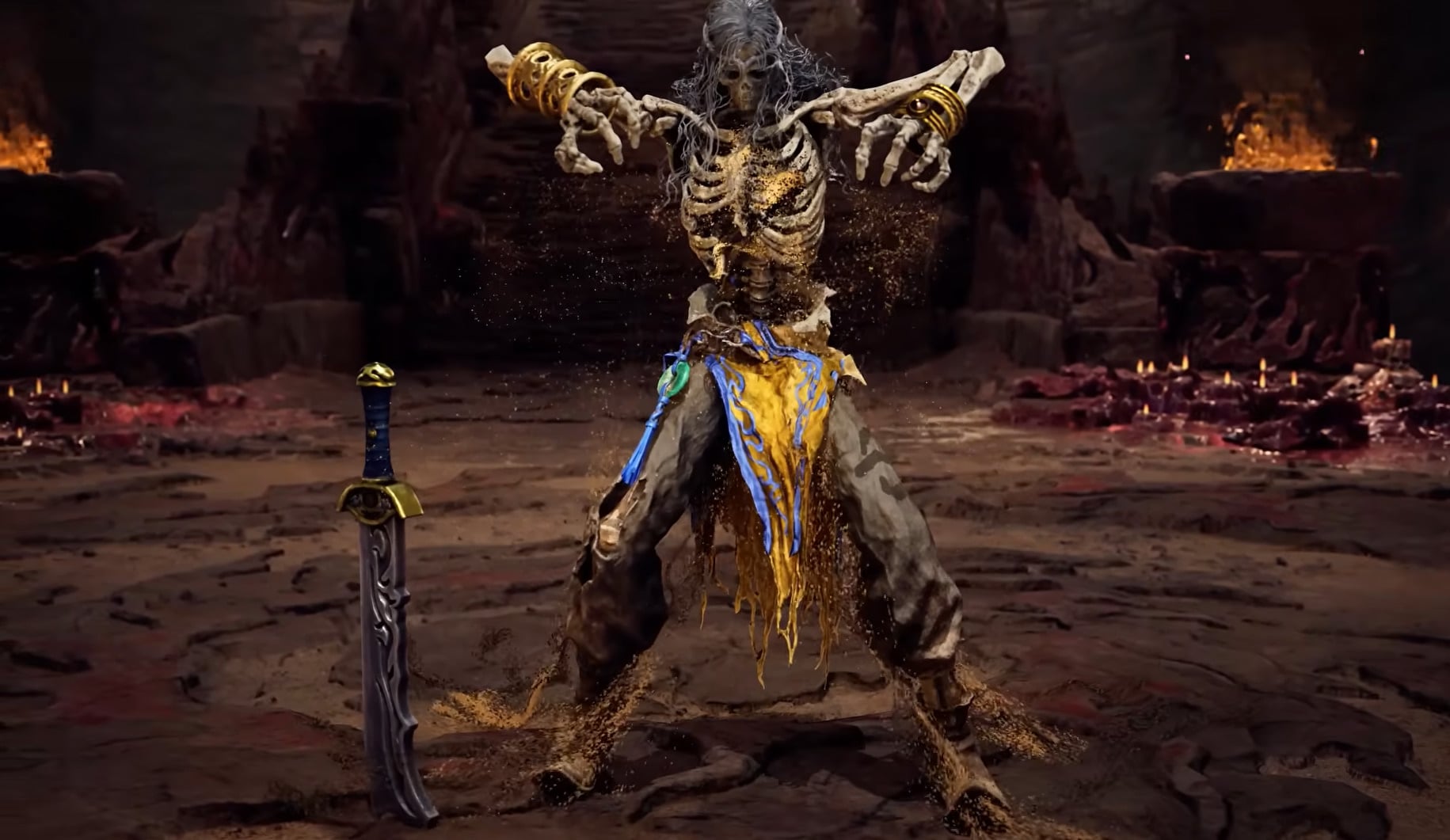 A skeleton warrior raises their arms.