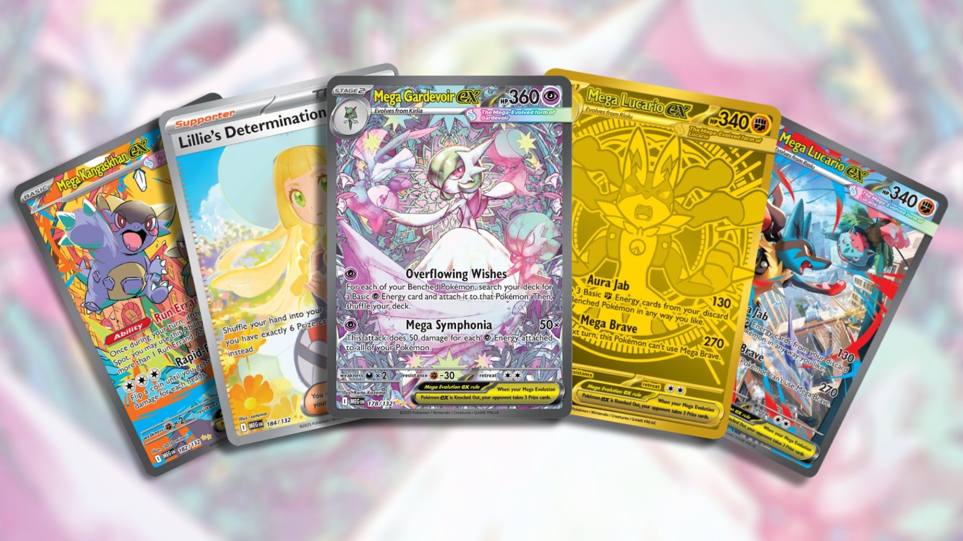 A spread of five Pokémon cards.