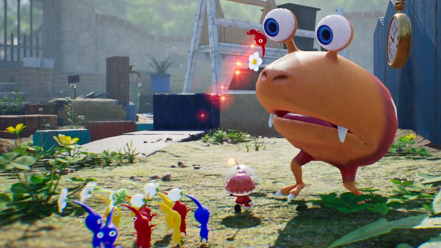 Pikmin look at a monster.