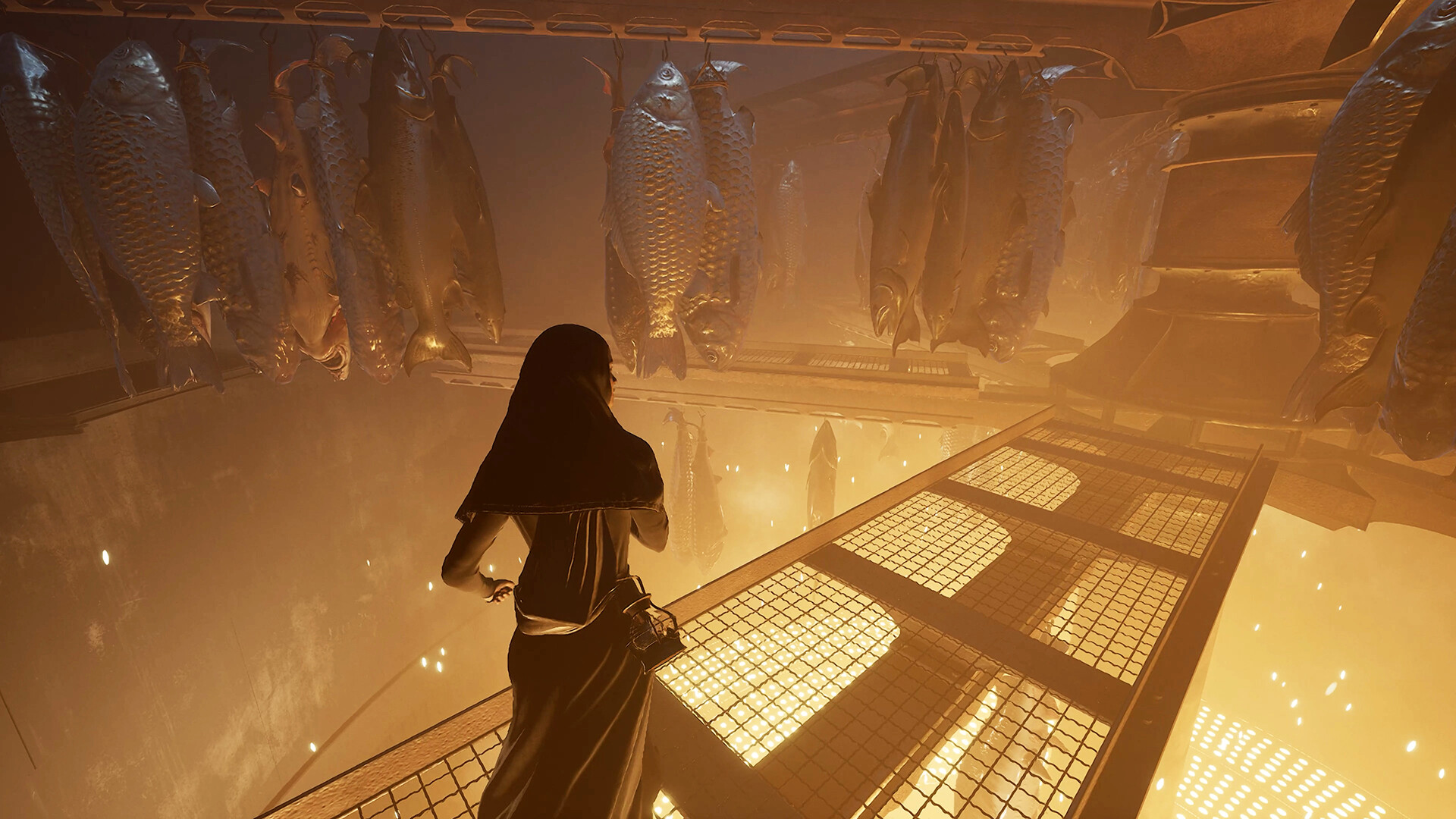 A woman walks among big fish. 