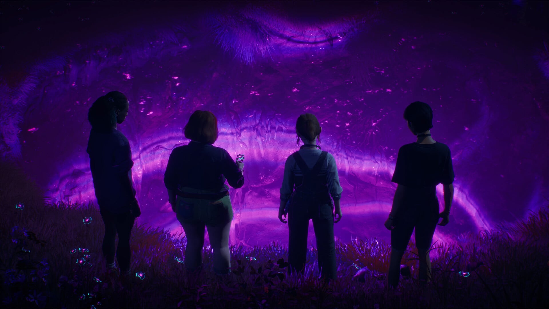 Girls look into a purple vortex. 