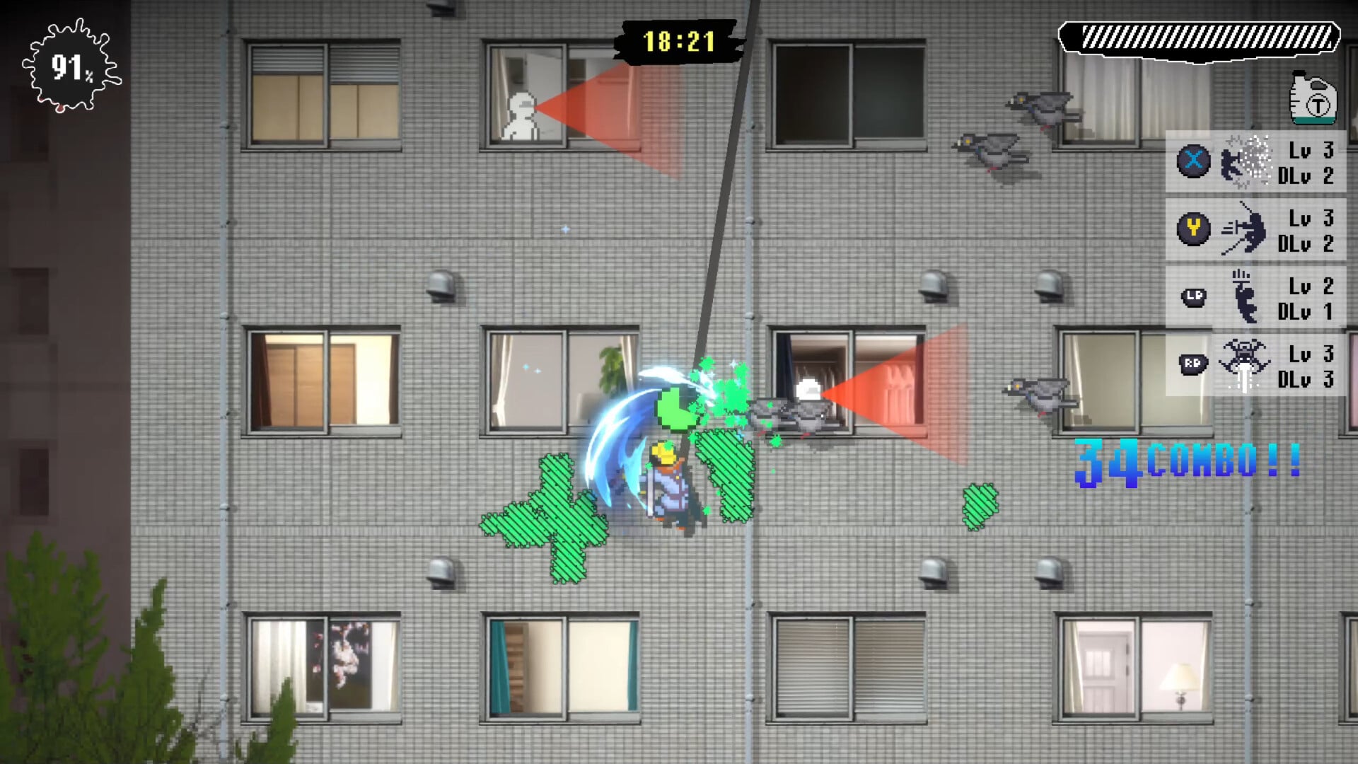 A pixel character washes buildings.