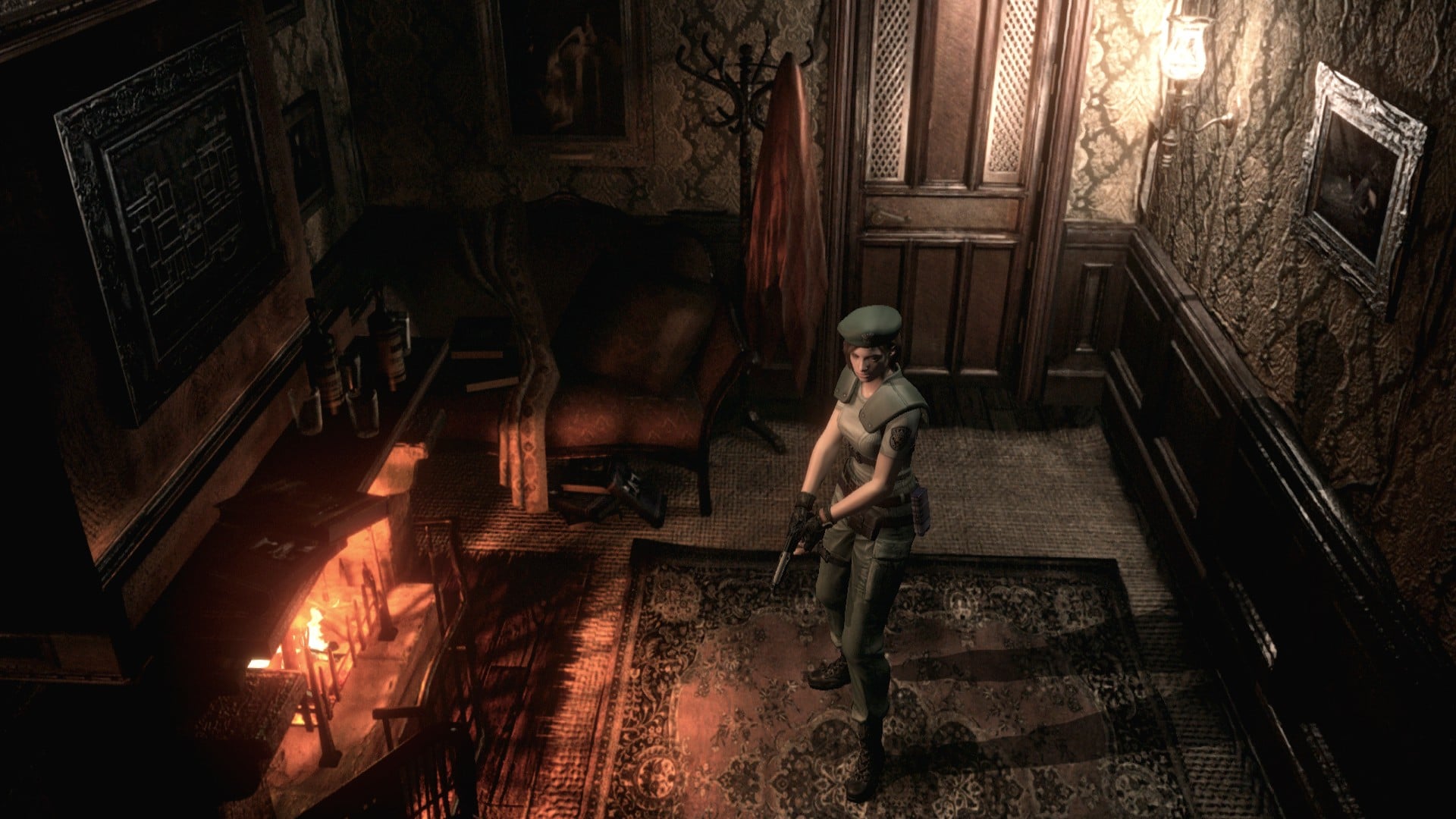 Jill Valentine stands in front of a fireplace.