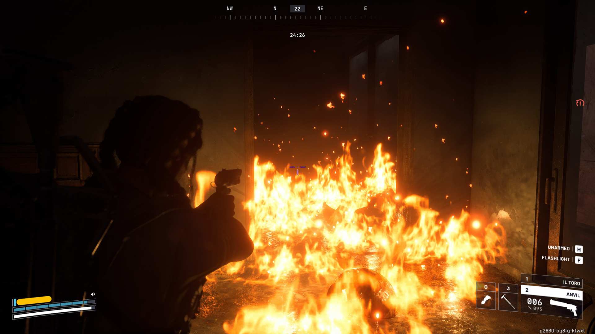 A player character aims a gun past burning flames.
