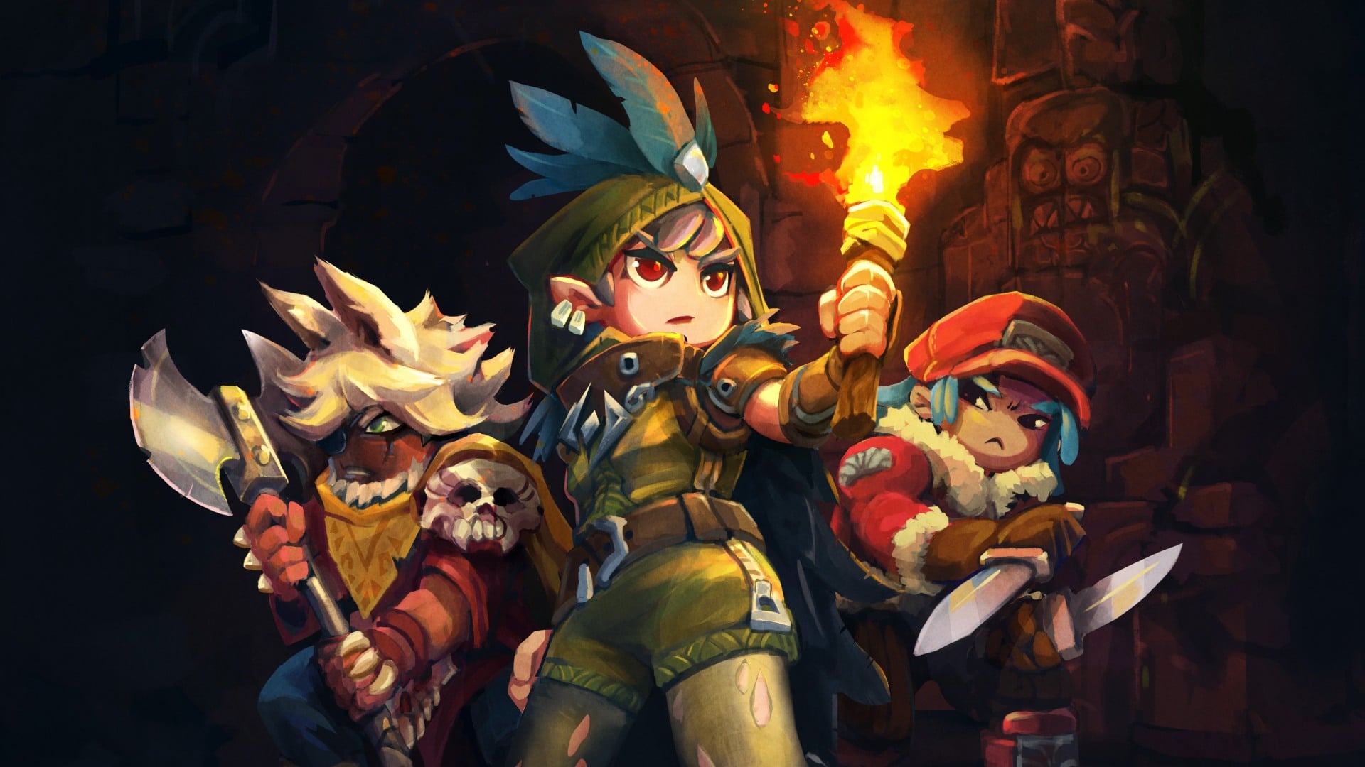 Characters from Hytale walk through a dark cave with weapons and torches in hand.
