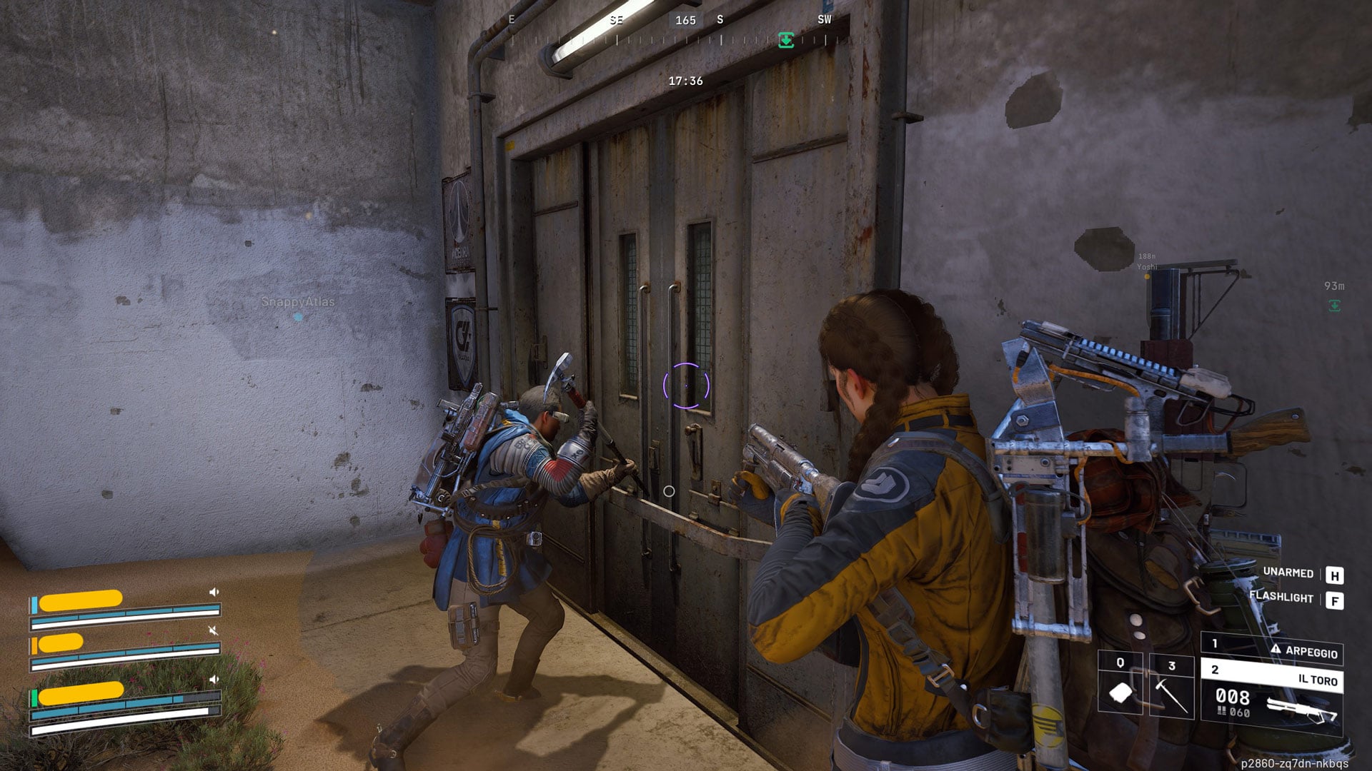 The player character watches over another player while they breach a door.