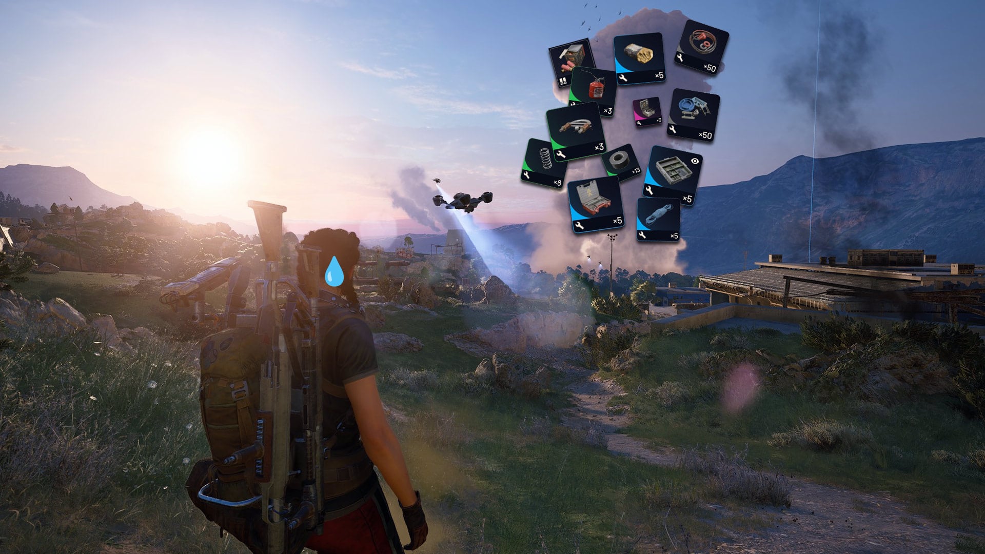 A player character observes as an explosion sends various items flying.