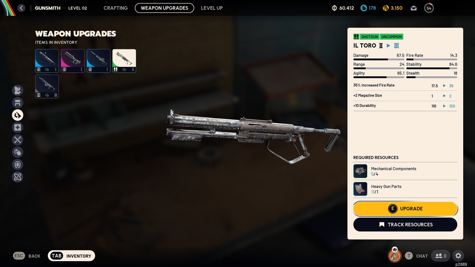 A screenshot shows an upgrade prompt for a shotgun.