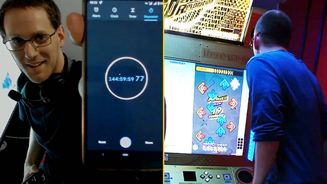 A side-by-side image shows a person holding up a phone timer which counts 144 hours next to someone playing DDR.
