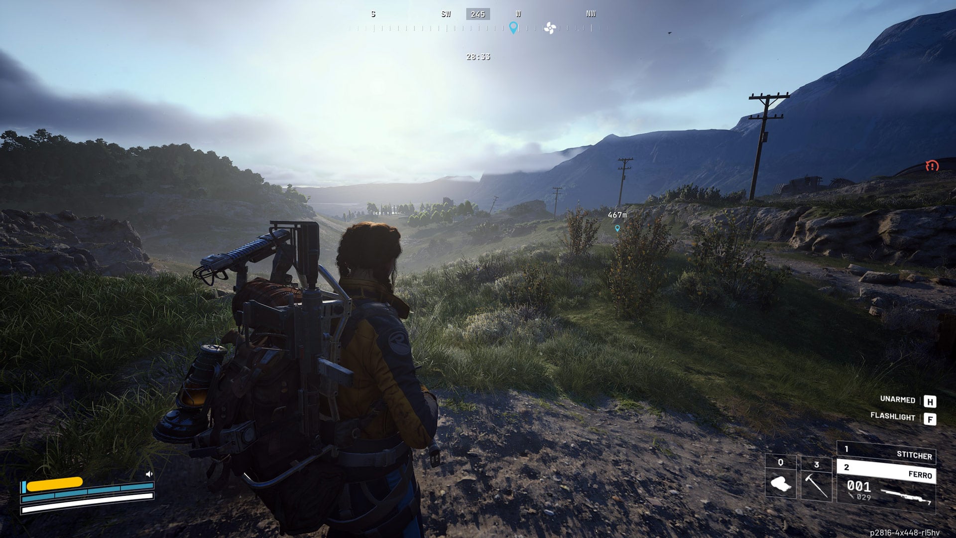 A player character looks out at a vista.