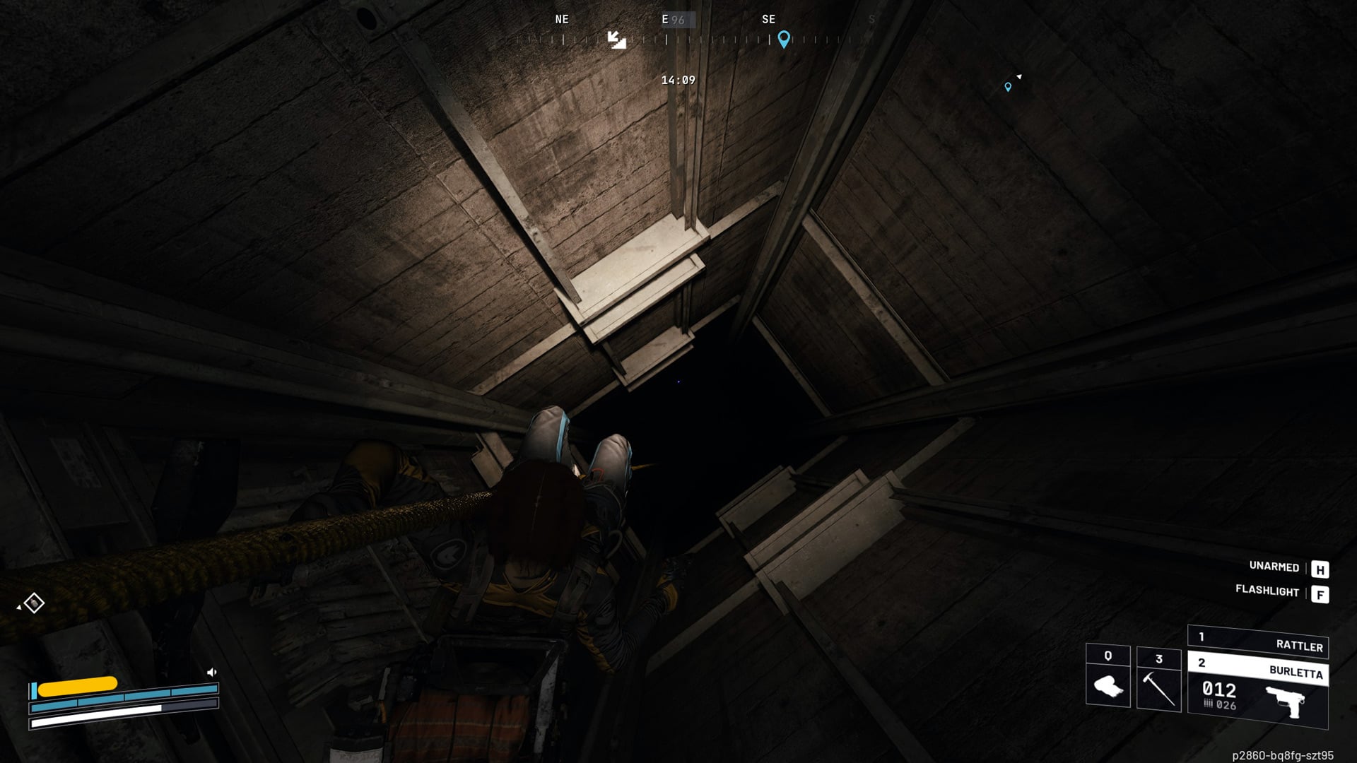 A player repels down an empty elevator shaft int he dark.