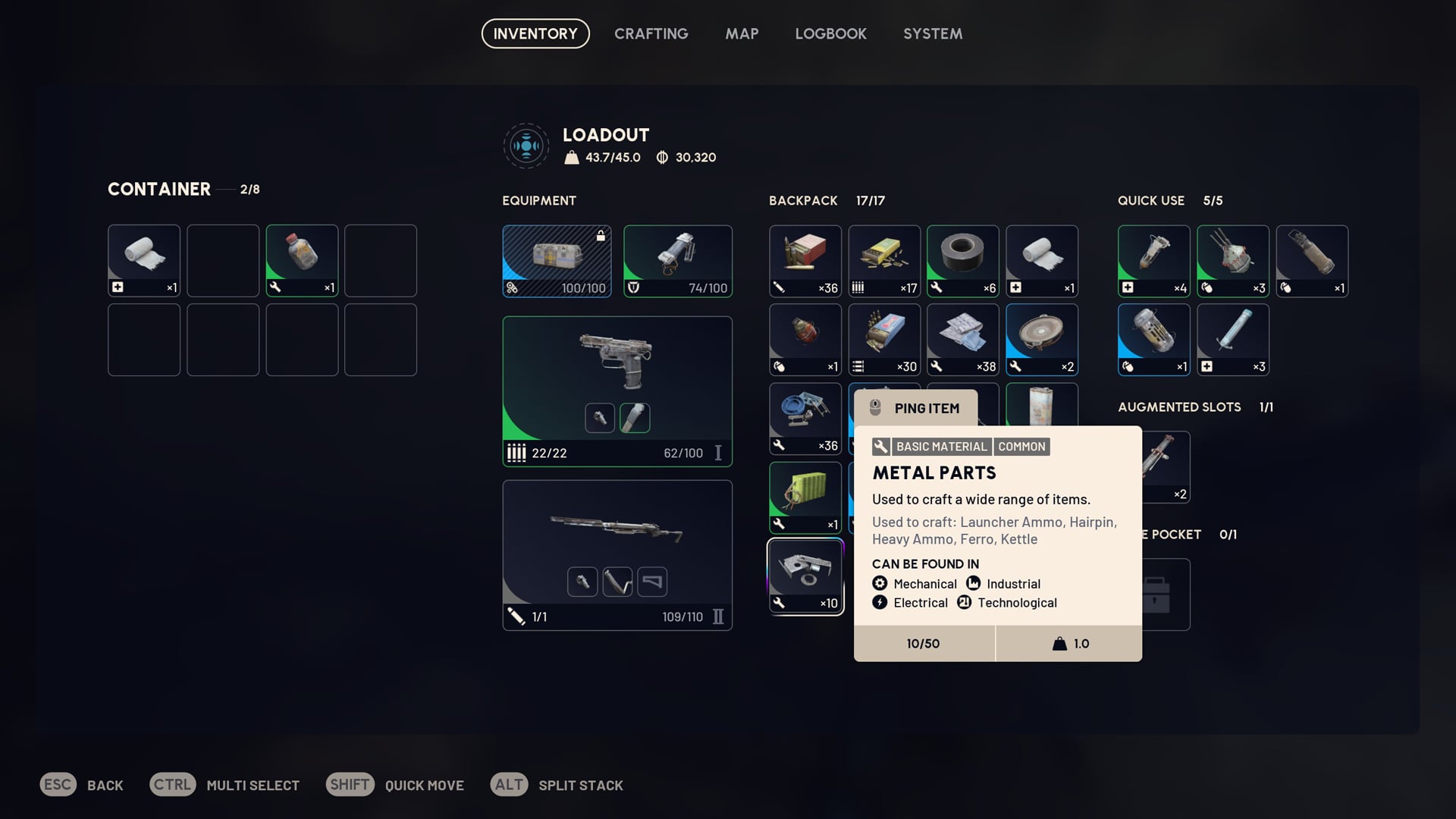 An inventory screen shows various guns and loot.